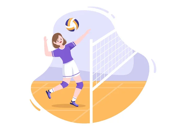 Jogador Voleibol Ataque Série Competição Esportiva Indoor Flat Cartoon Illustration — Vetor de Stock
