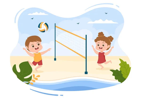 Beach Volejbal Hráč Útok Sportovní Soutěže Série Venkovní Roztomilé Děti — Stockový vektor