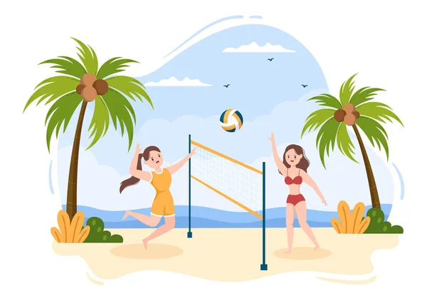 Beach Volleybal Speler Attack Sport Competition Series Outdoor Platte Cartoon — Stockvector