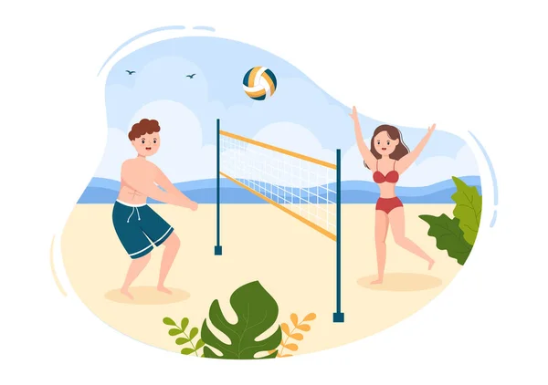 Beach Volejbal Hráč Útok Sportovní Soutěže Série Outdoor Ploché Kreslené — Stockový vektor