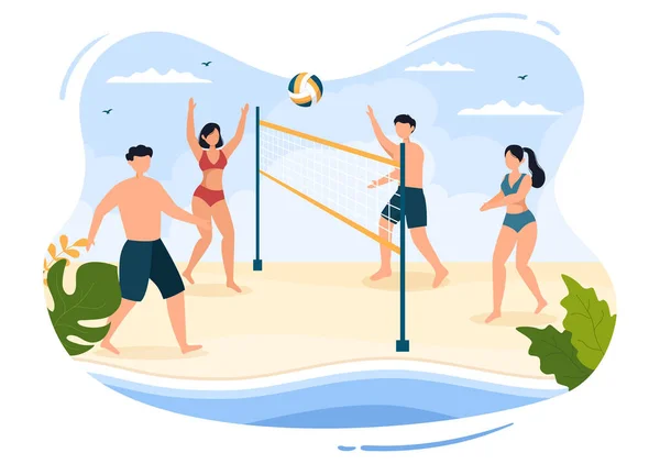 Beach Volleybal Speler Attack Sport Competition Series Outdoor Platte Cartoon — Stockvector