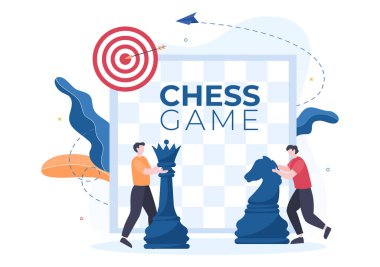 Satranç tahtası oyun karikatür arkaplan çizimi Birbirlerinin karşısında oturan ve Düz Tarzda Hobi Etkinliği için oynayan iki kişi