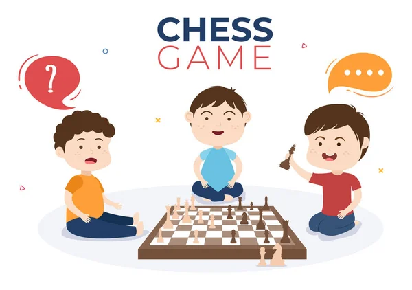 Chess Board Game Cartoon Background Illustration Two Small Cute Children — Stock Vector