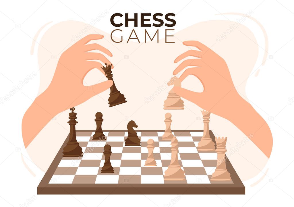 Chequered Chess Game Board Cartoon Background Illustration with Black and White Pieces for Hobby Activity, Competition or Tournament