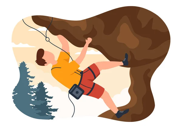 山地攀岩漫画书 攀登者攀岩墙或高山悬崖运用自然景观背景下的设备 — 图库矢量图片