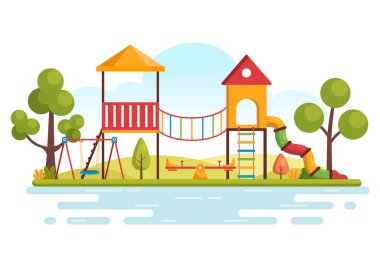 Children Playground with Swings, Slide, Climbing Ladders and More in the Amusement Park for Little Ones to Play in Flat Cartoon Illustration