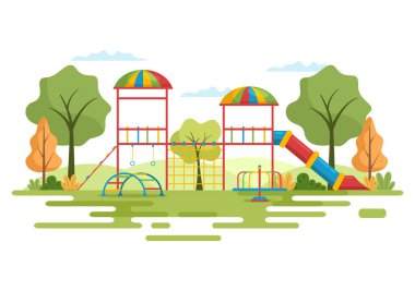 Children Playground with Swings, Slide, Climbing Ladders and More in the Amusement Park for Little Ones to Play in Flat Cartoon Illustration