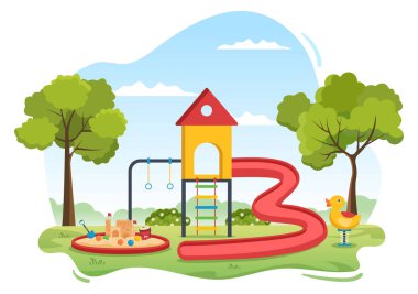 Children Playground with Swings, Slide, Climbing Ladders and More in the Amusement Park for Little Ones to Play in Flat Cartoon Illustration
