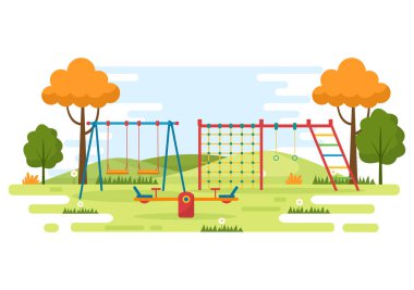 Children Playground with Swings, Slide, Climbing Ladders and More in the Amusement Park for Little Ones to Play in Flat Cartoon Illustration