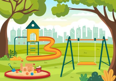 Children Playground with Swings, Slide, Climbing Ladders and More in the Amusement Park for Little Ones to Play in Flat Cartoon Illustration