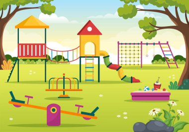 Children Playground with Swings, Slide, Climbing Ladders and More in the Amusement Park for Little Ones to Play in Flat Cartoon Illustration