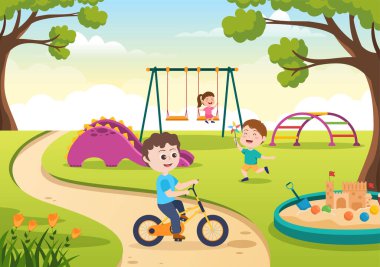 Children Playground with Swings, Slide, Climbing Ladders and More in the Amusement Park for Little Ones to Play in Flat Cartoon Illustration