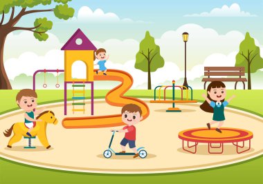 Children Playground with Swings, Slide, Climbing Ladders and More in the Amusement Park for Little Ones to Play in Flat Cartoon Illustration