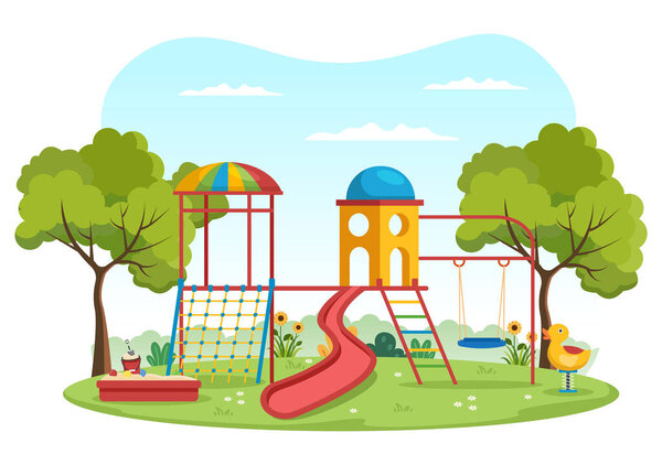 Children Playground with Swings, Slide, Climbing Ladders and More in the Amusement Park for Little Ones to Play in Flat Cartoon Illustration