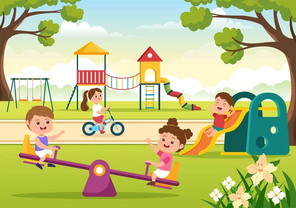 Children Playground Swings Slide Climbing Ladders More Amusement Park Little — Stockvector