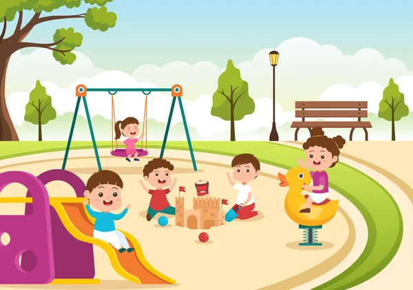 Children Playground Swings Slide Climbing Ladders More Amusement Park Little —  Vetores de Stock