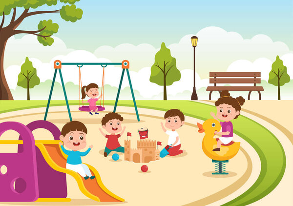 Children Playground with Swings, Slide, Climbing Ladders and More in the Amusement Park for Little Ones to Play in Flat Cartoon Illustration
