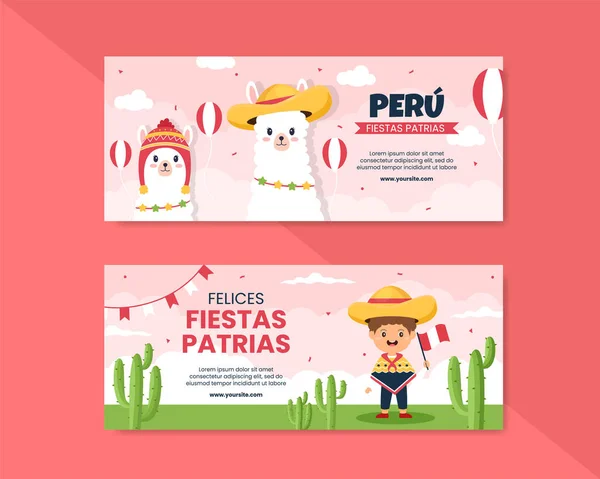 Fiestas Patrias Peru Horizontal Banner Template Social Media Flat Cartoon — 스톡 벡터