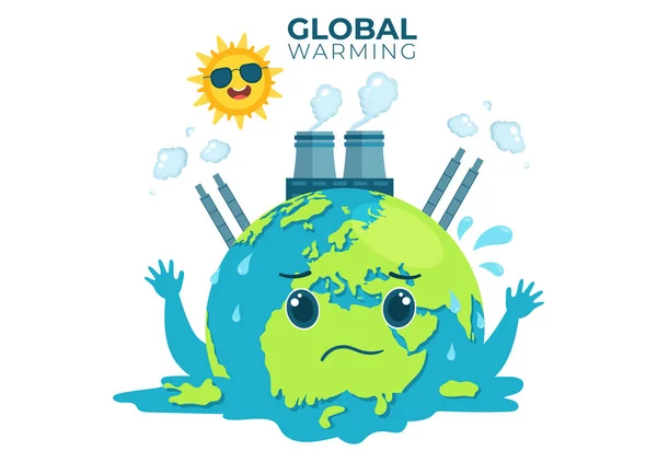 地球温暖化漫画風イラスト 惑星地球と融合または燃焼状態と自然と気候変動への損傷を防ぐために太陽画像 — ストックベクタ