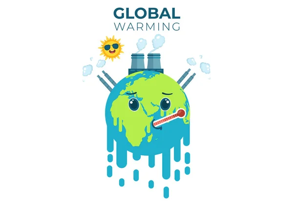 Global Värmande Tecknad Stil Illustration Med Planeten Jorden Ett Smältande — Stock vektor