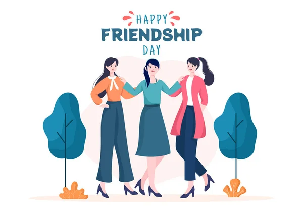 Happy Friendship Day Cute Ilustracji Kreskówki Młodych Chłopców Dziewcząt Przytulanie — Wektor stockowy