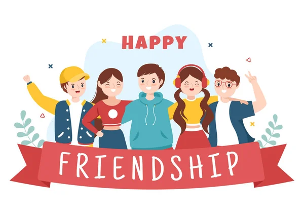 快乐友谊日 可爱卡通画与年轻男孩和女孩拥抱在一起或把手伸向平坦的风格 — 图库矢量图片