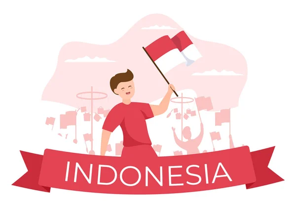 Indonesia Día Independencia Agosto Con Juegos Tradicionales Bandera Roja Blanca — Vector de stock