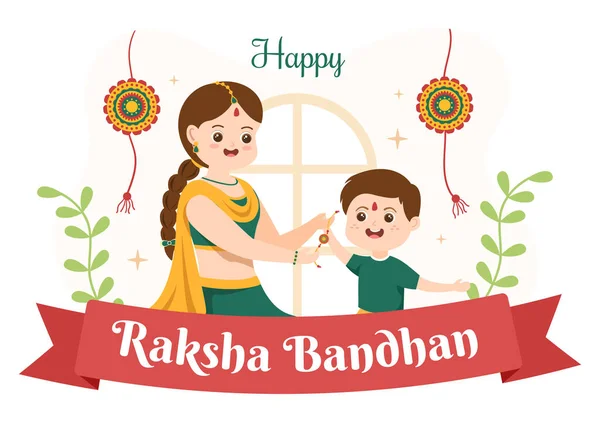 Glad Raksha Bandhan Tecknad Illustration Med Syster Tying Rakhi Hennes — Stock vektor