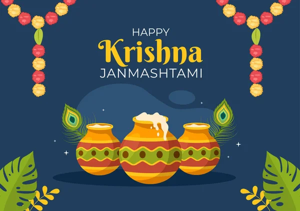 Feliz Krishna Janmashtami Festival India Con Bansuri Flauta Dahi Handi — Vector de stock