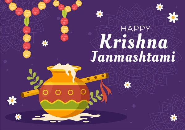 Szczęśliwy Krishna Janmashtami Festiwal Indii Bansuri Flet Dahi Handi Paw — Wektor stockowy