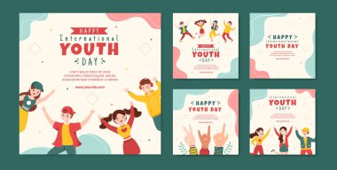 Mutlu Uluslararası Gençlik Günü Sosyal Medya Şablon Düz Çizgi Film Arkaplan Vektör İllüstrasyonu