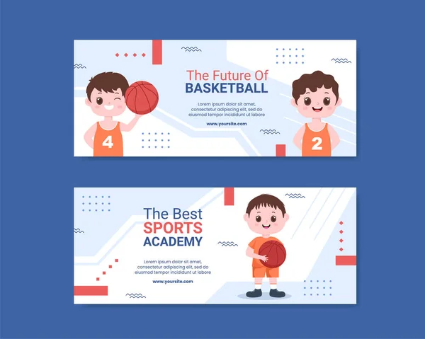 Basketball Academy Kids Social Media Banner Template Cartoon Background Vector — Vetor de Stock