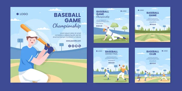 野球ゲームスポーツソーシャルメディア投稿テンプレートフラット漫画背景ベクトルイラスト — ストックベクタ