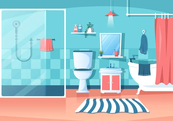 Nowoczesne Meble Łazienkowe Wnętrze Ilustracja Wanną Kran Toaleta Zlewozmywak Prysznica — Wektor stockowy