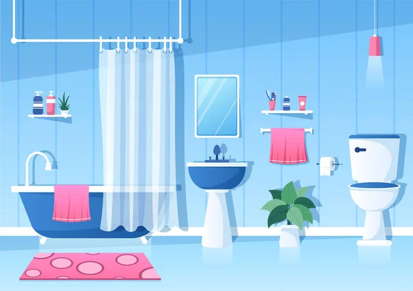 モダンなバスルーム家具インテリア背景イラスト付きバスタブ 蛇口トイレシャワーとフラットカラースタイルでクリーンアップするシンク — ストックベクタ