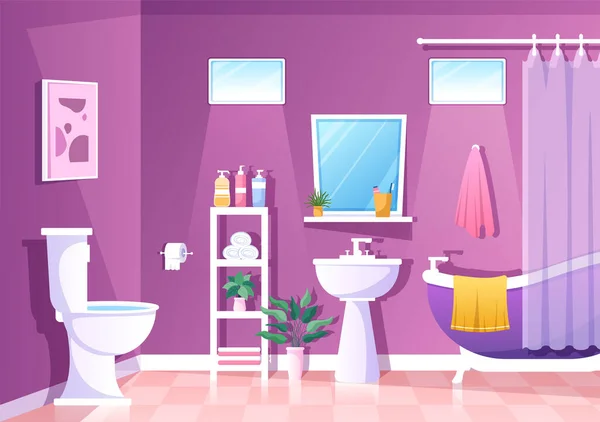 Moderní Koupelna Nábytek Interiér Pozadí Ilustrace Vanou Kohoutkem Umyvadlo Sprchovým — Stockový vektor