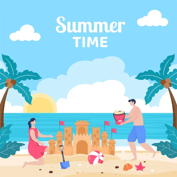 Hello Summer Social Media Template Flat Cartoon Background Vector Illustration — Stock Vector