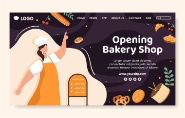 Fırın Sosyal Medya İniş Sayfa Şablonu Düz Çizgi Film Arkaplan Vektör İllüstrasyonu