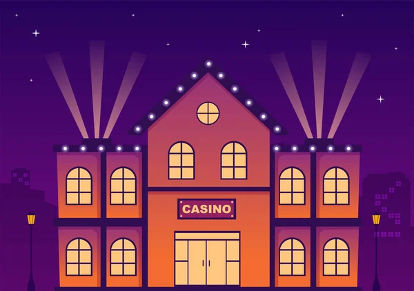 Ilustración Dibujos Animados Casino Building Con Arquitectura Luces Fondo Púrpura — Vector de stock