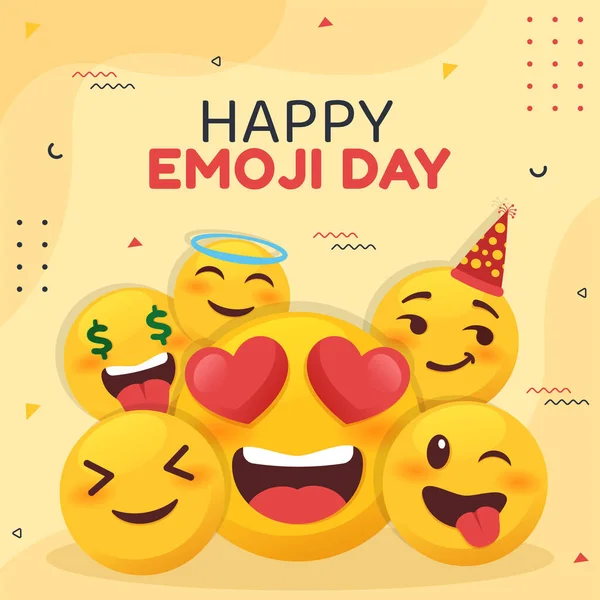 World Emoji Day Social Media Template Flat Cartoon Background Vector - Stok Vektor