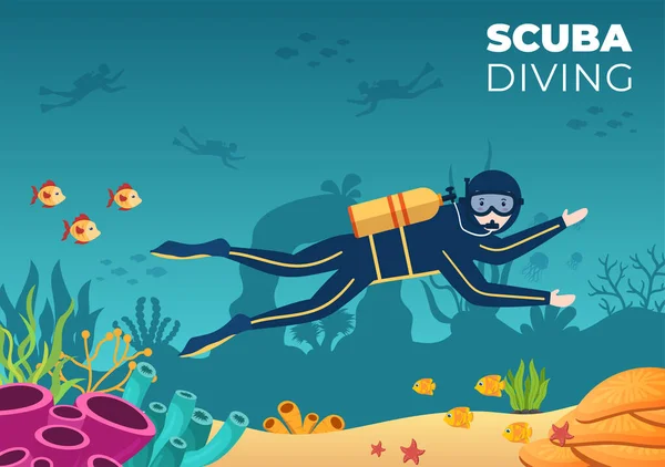 Scuba Diving Underwater Swimming Equipment Exploring Coral Reef Sea Flora — стоковий вектор