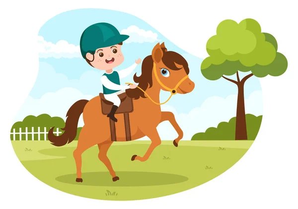 Cute People Character Practuing Horseback Ride Equestrianism Sports Green Field — 스톡 벡터