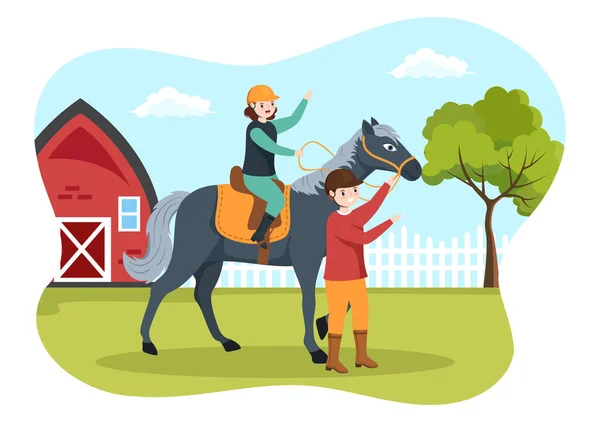 Horse Riding Cartoon Illustration Cute People Character Practicing Horseback Ride — Stock vektor