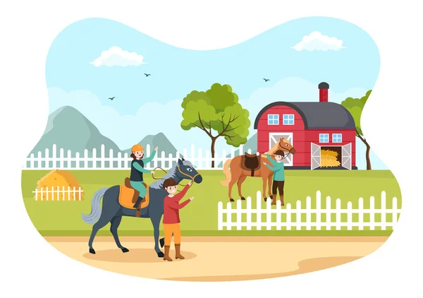 Horse Riding Cartoon Illustration Cute People Character Practicing Horseback Ride — Stock vektor