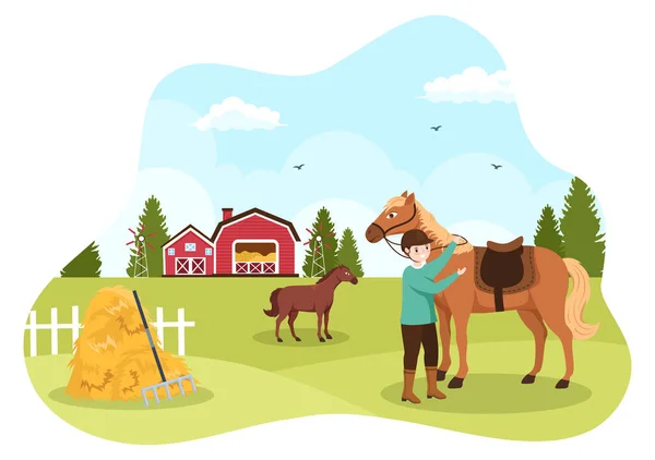 Horse Riding Cartoon Illustration Cute People Character Practicing Horseback Ride — Stock vektor