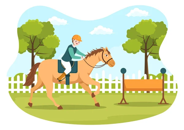 Horse Riding Cartoon Illustration Cute People Character Practicing Horseback Ride — Stock vektor