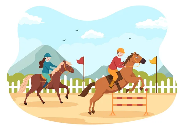 Horse Race Cartoon Illustration Characters People Doing Competition Sports Championships — Stock Vector
