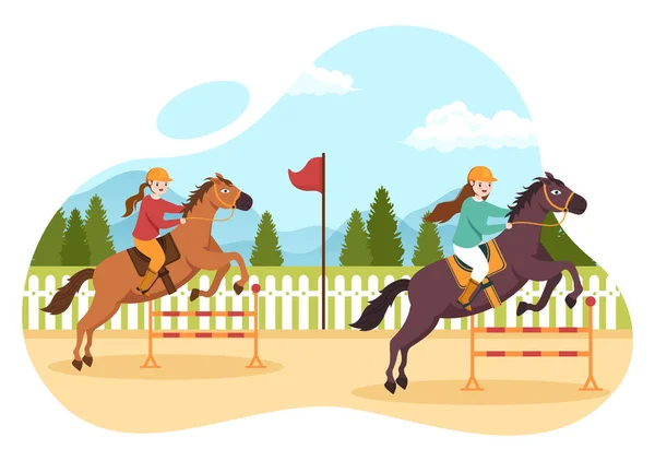 Ilustración Dibujos Animados Carreras Caballos Con Personajes Que Hacen Campeonatos — Vector de stock