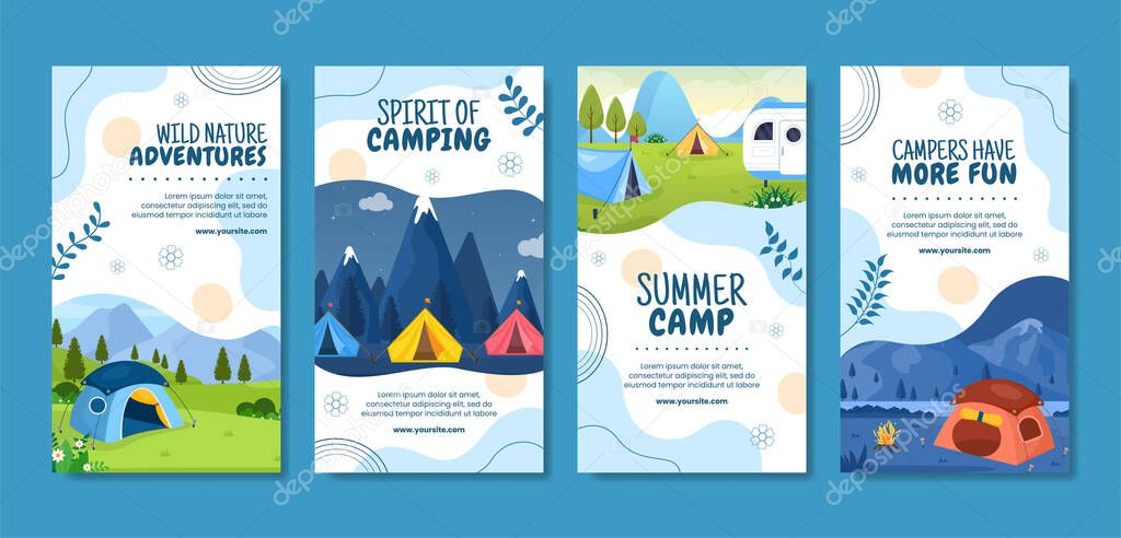 Summer Camping Social Media Stories Template Flat Cartoon Background Vector Illustration