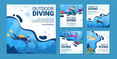 Dalış Sosyal Medya Posta Şablonu Düz Arkaplan Vektör Resimleri